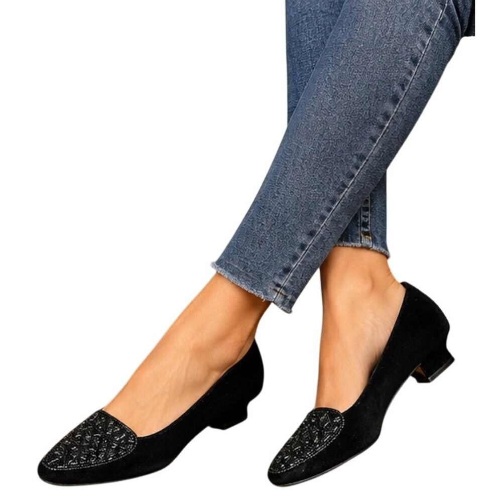 High Lights Black Velvet Beaded Loafers Low Heel Dress Shoes Women's Size 8